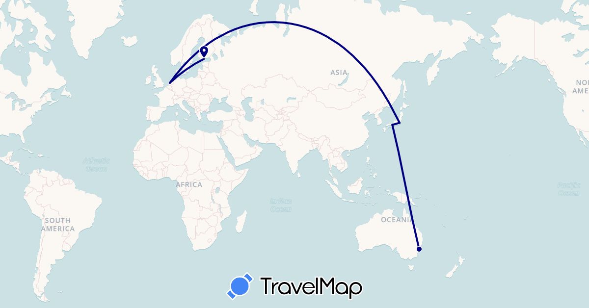 TravelMap itinerary: driving in Australia, Finland, Japan, Netherlands (Asia, Europe, Oceania)